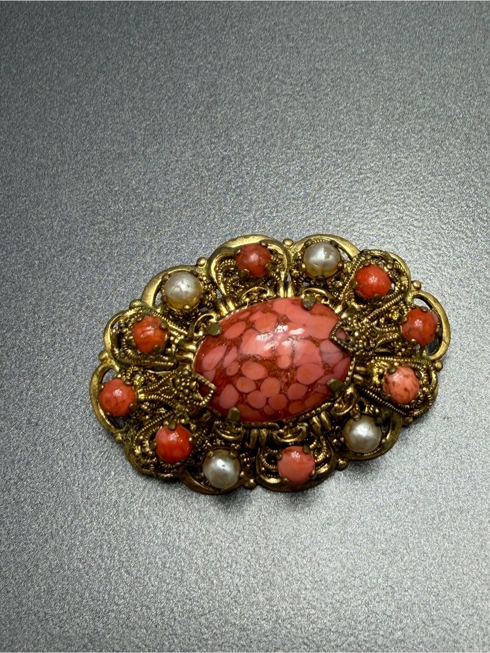 Vintage Czech Glass Coral and Pearl Filigree Brooch #cz95